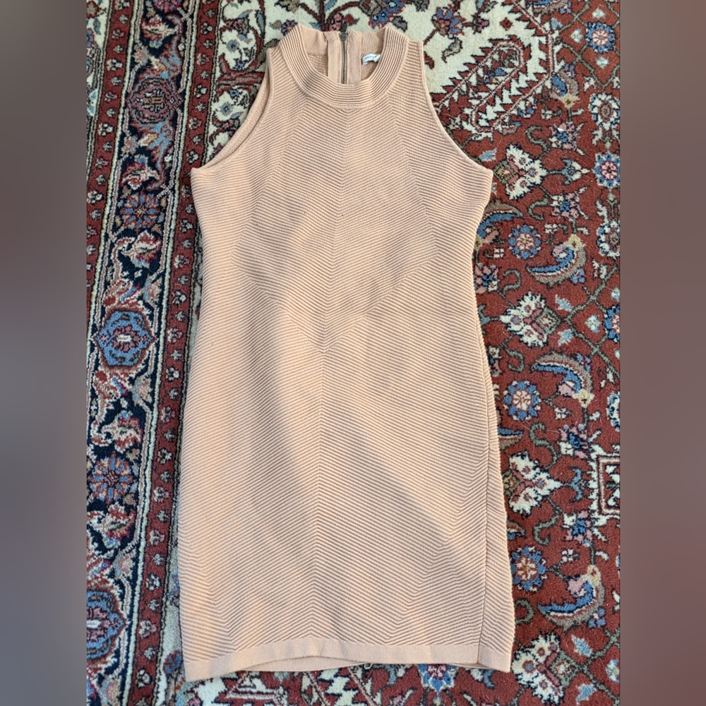 Rebecca Minkoff Tan Ribbed Midi Sheath Dress w/Full Length Exposed Back Zip Sz L